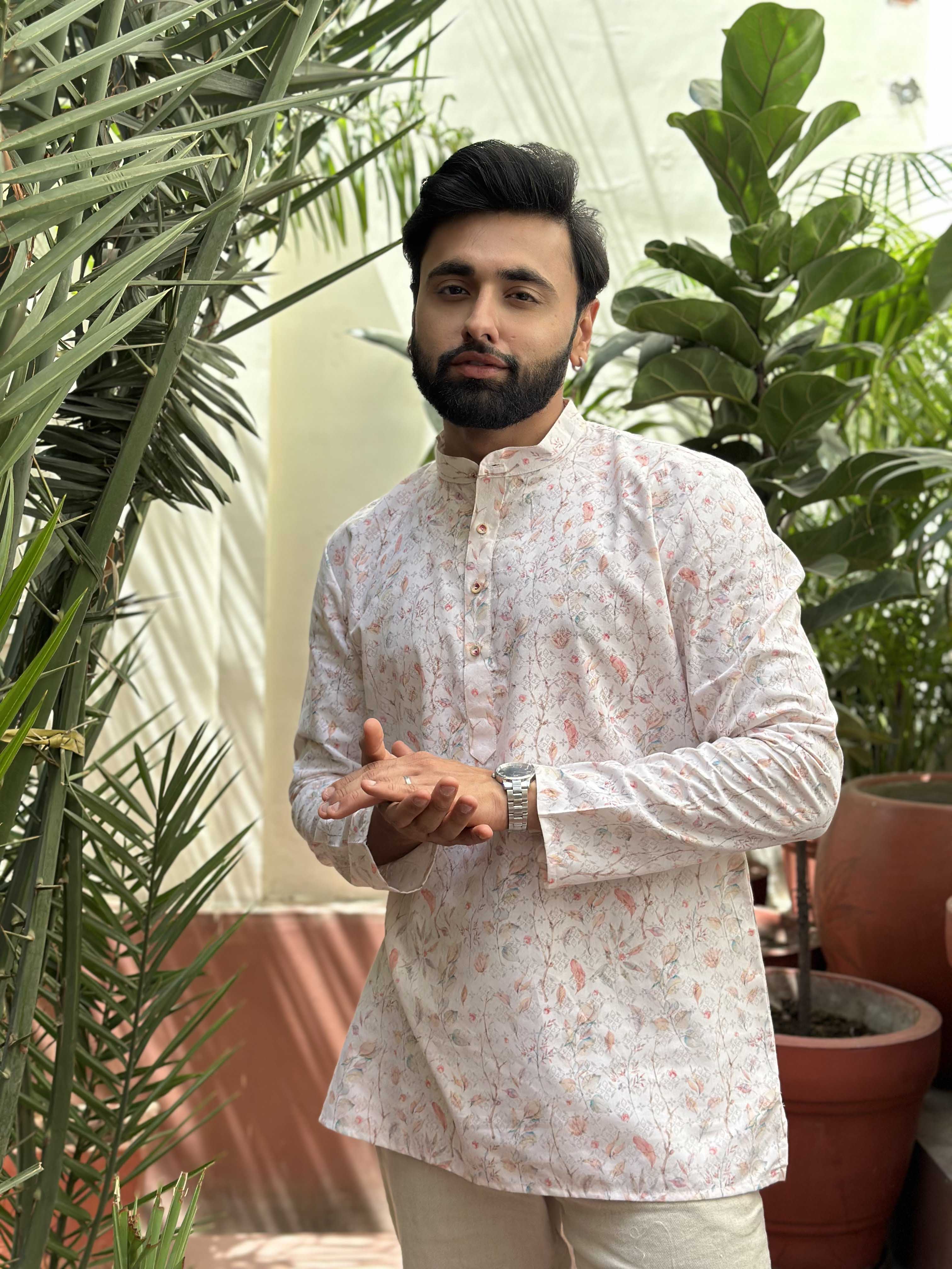 Cream Floral Short Kurta